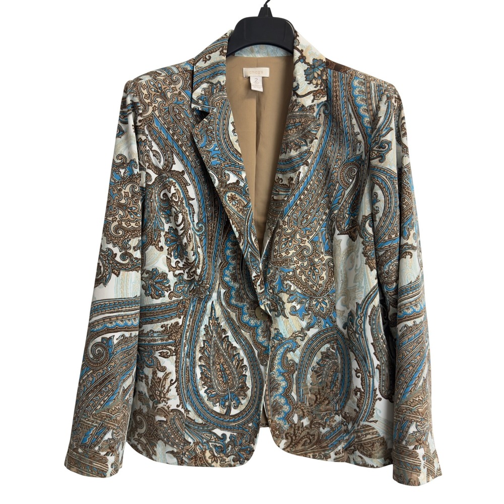 Chicos Womens Size 2 Paisley Print Single Button Blazer Jacket Blue Brown White